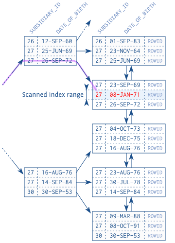 图 2.3 Range Scan in SUBSIDIARY_ID, DATE_OF_BIRTH Index